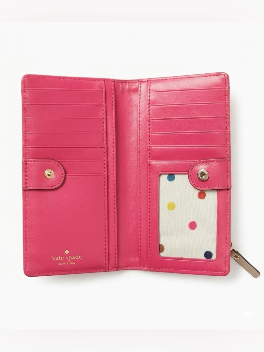 Kate Spade Slim Gold Bifold Leather Wallet Snap Closure Pink Interior Polka Dot - Picture 3 of 3